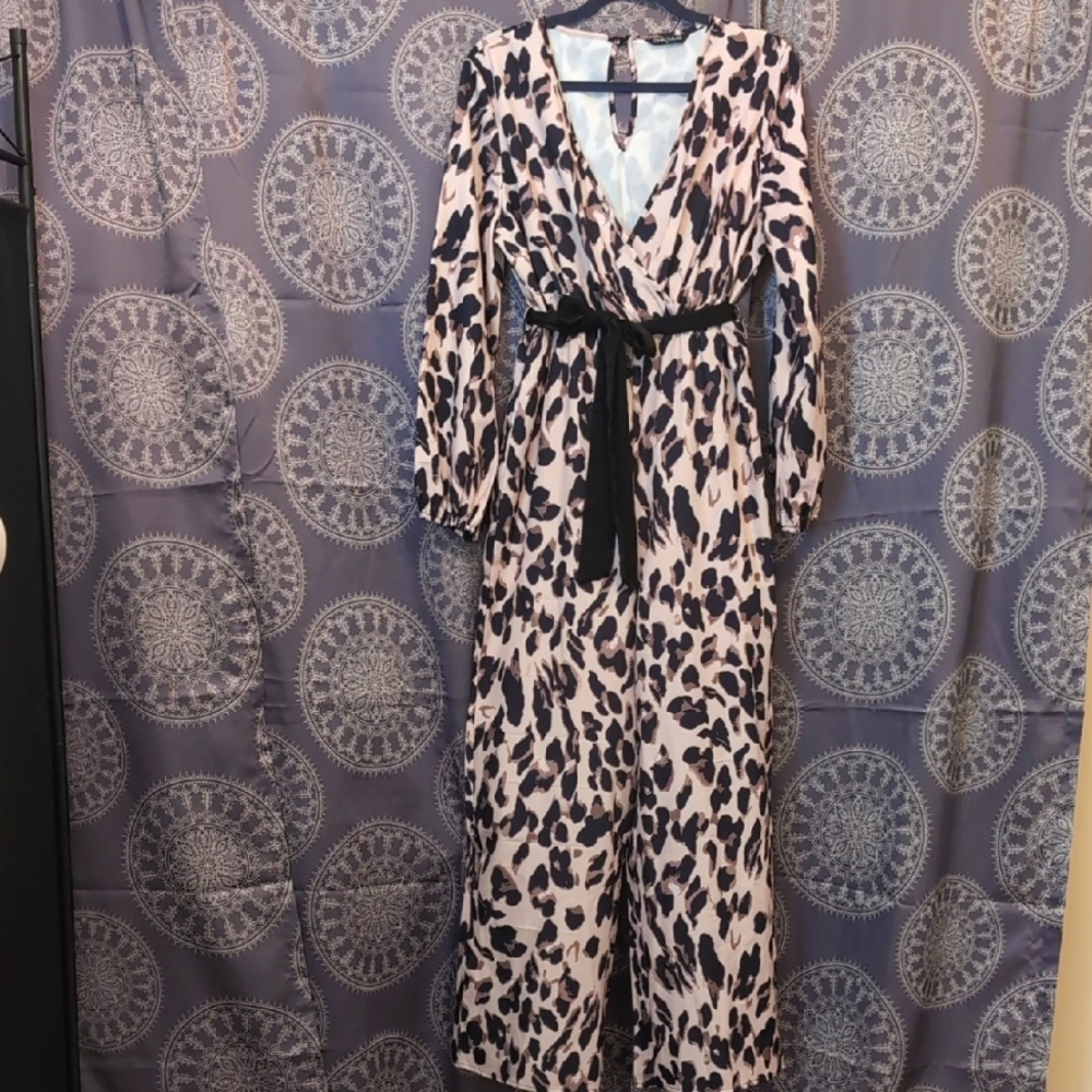 Black, White, & Cream Leopard Print Jumpsuit